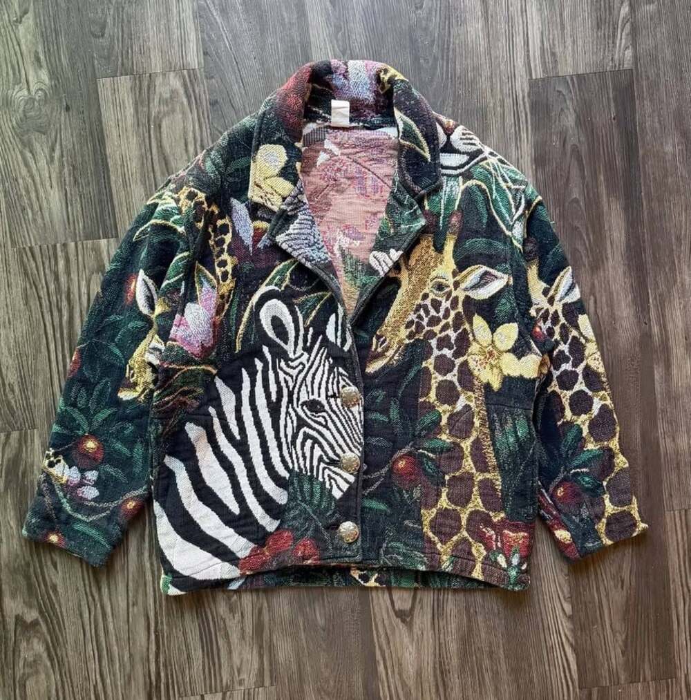 Vintage Painted Pony Tapestry Safari Animal Print Jacket with Silver Buttons